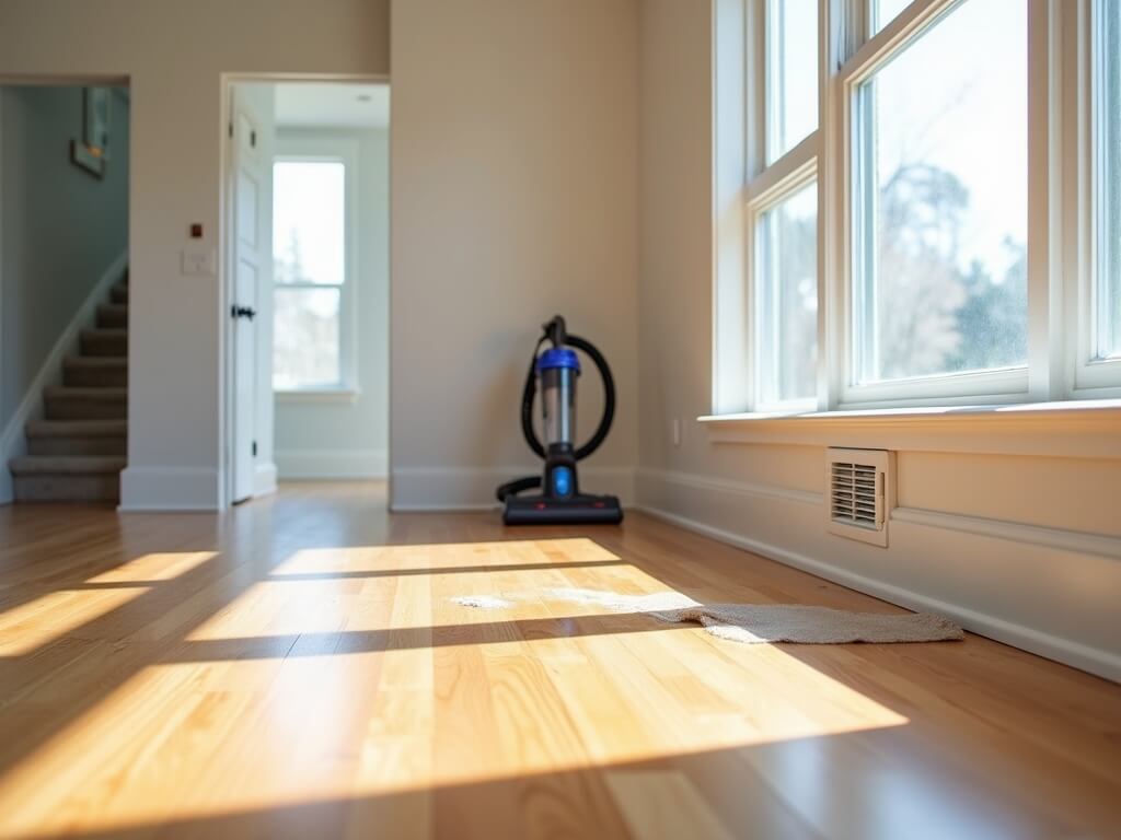 Post-construction cleaning in a sunlit modern Auburn home, featuring pristine hardwood floors, dust-free white shaker baseboards, floor-to-ceiling windows with sticker remnants, and a Dyson V15 vacuum cleaning vent dust.