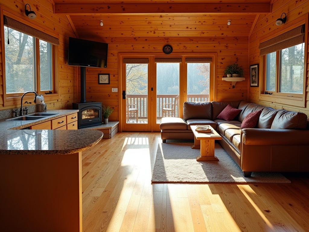Immaculate cabin interior with hardwood floors, plush furniture, and granite countertops, captured in warm golden hour light.