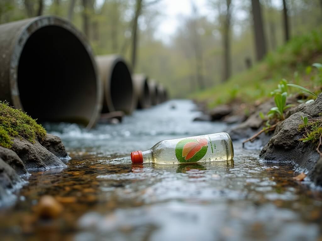 Low-ground image of clear urban drainage flowing into a riverbed surrounded by early spring foliage, featuring partially submerged bottle with leaf-emblem and visible fish beneath the water surface.