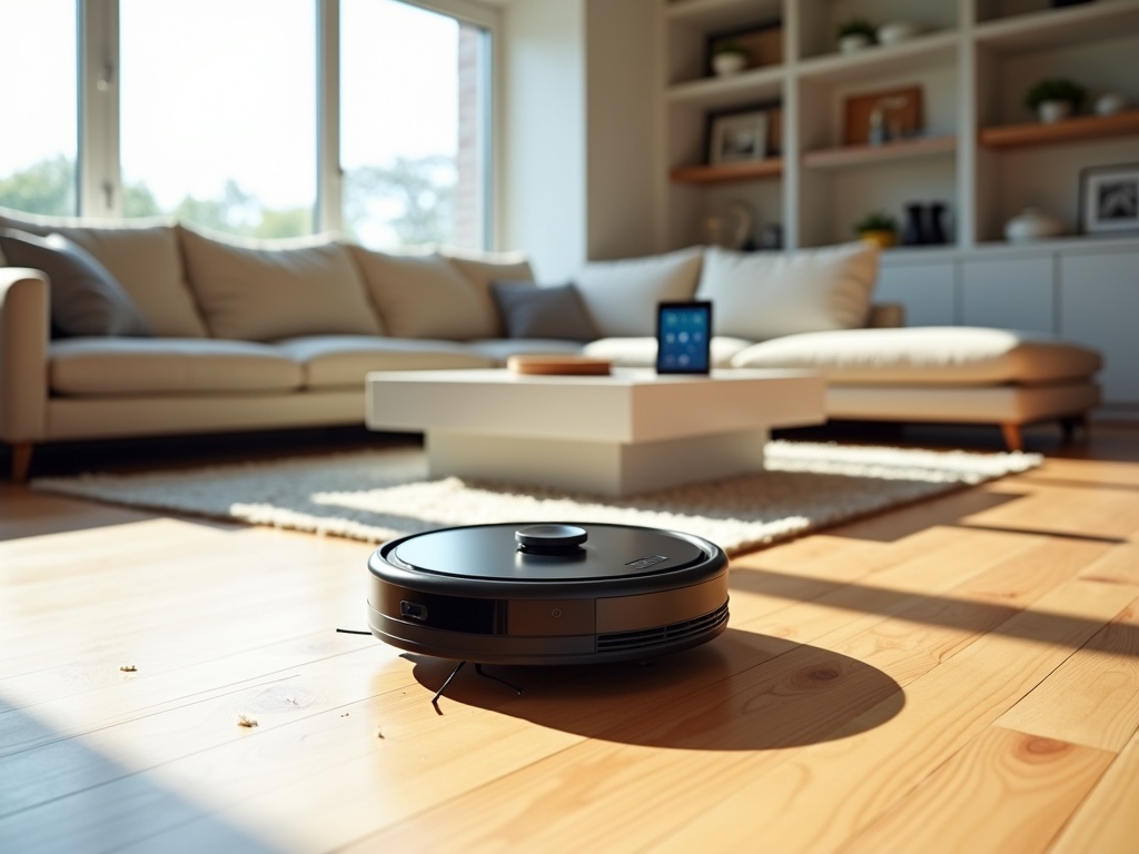 Robot vacuum cleaning light hardwood floor in a minimalist, contemporary living room with beige sofa and built-in shelves, under soft natural lighting.
