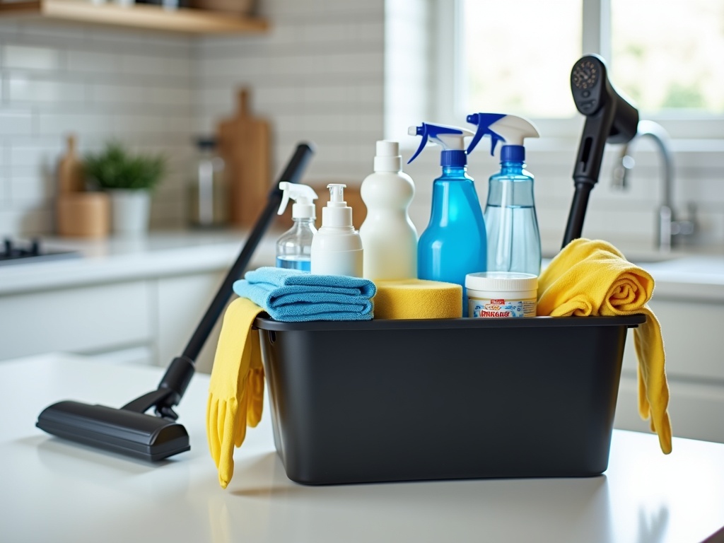 Professional image of an organized cleaning supply caddy with tools and products on a white kitchen counter, shot at 45-degree angle with soft natural lighting.