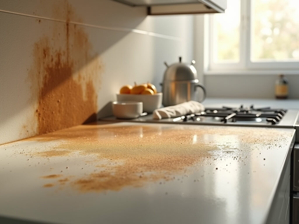 Close-up of a cabinet top mid-clean with a DIY cleaner, showing the transformation of thick dust and grease, illuminated by natural light, with fine dust particles floating in the air.