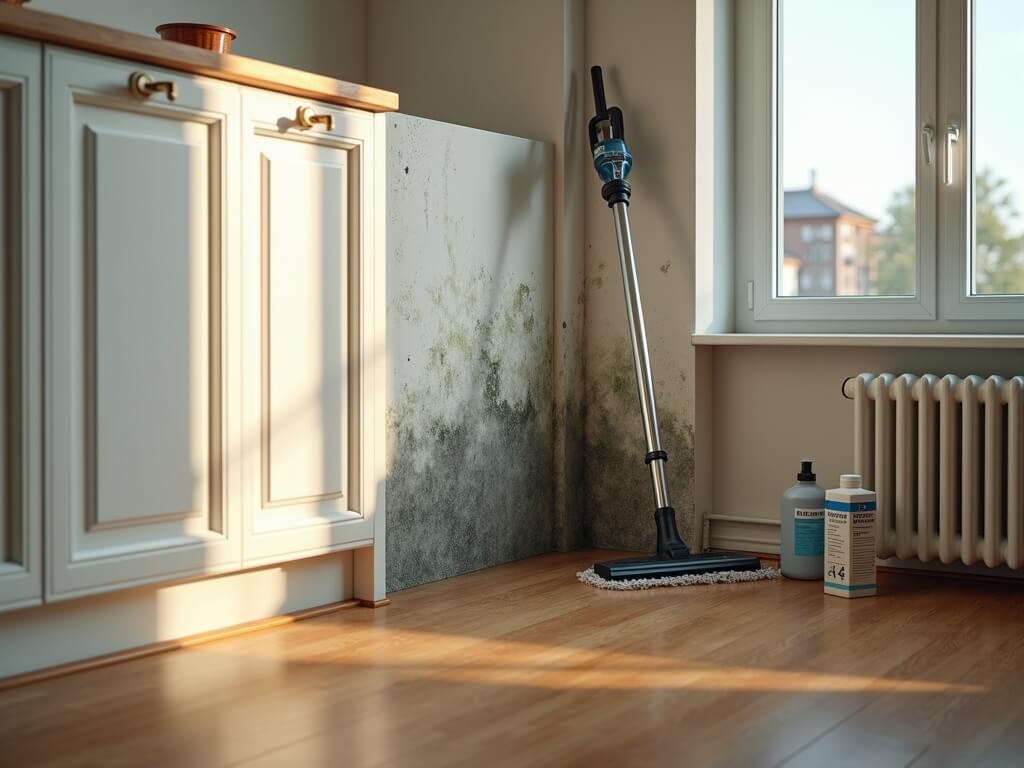 Professional deep-cleaning in progress in a high-ceiling apartment in Bonn's Südstadt district, with equipment and mould exposed behind a kitchen cabinet, illuminated by late afternoon light.