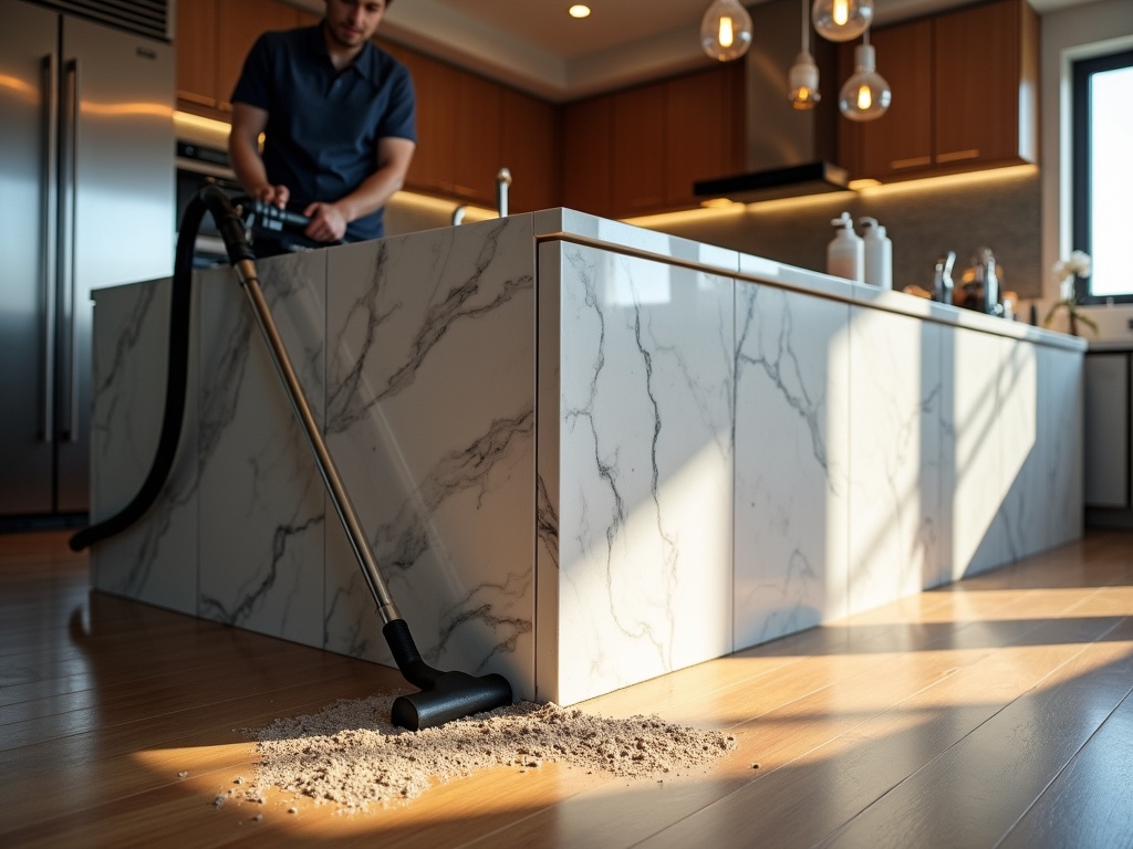 Professional cleaner using a HEPA vacuum to clean behind a heavy marble kitchen island, with industrial-grade cleaning equipment in a modern kitchen illuminated by warm pendant lighting.