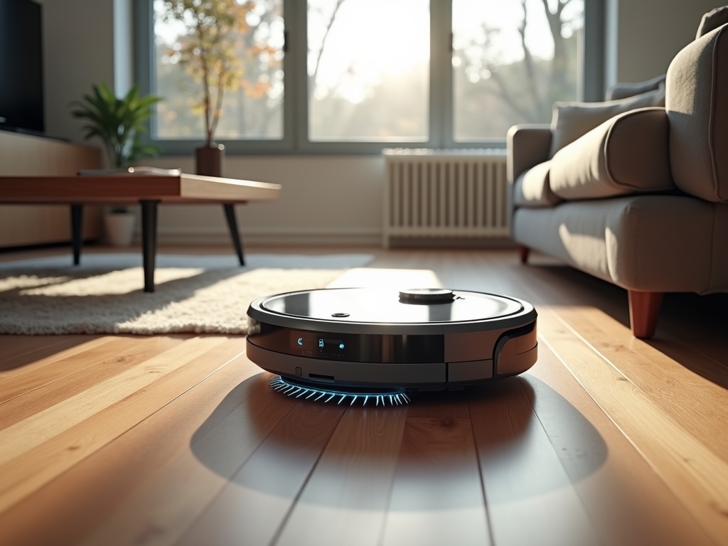 Advanced robot vacuum cleaner navigating a modern living room with LED mapping lights, visible sensors, rotating brushes, and a mop attachment, in a German home with polished hardwood floors and minimalist decor.