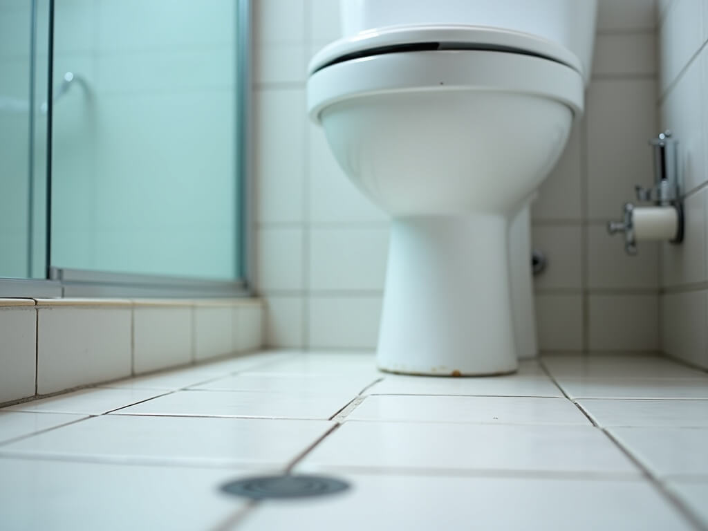 Sparkling clean apartment bathroom focusing on the immaculate toilet base, tile-to-wall seam, and chrome shower fixtures, reflecting the LED light with no soap scum, mildew, or water spots.