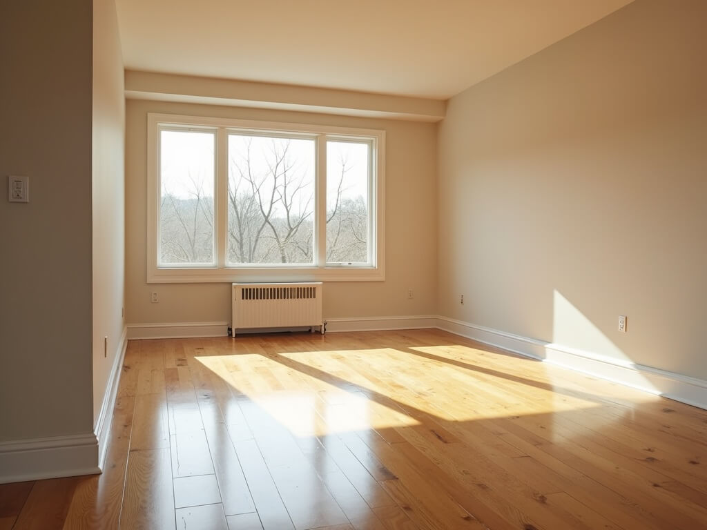 Spotless empty apartment living area at golden hour, showcasing gleaming hardwood floors, matte beige walls, and clean stainless steel details.
