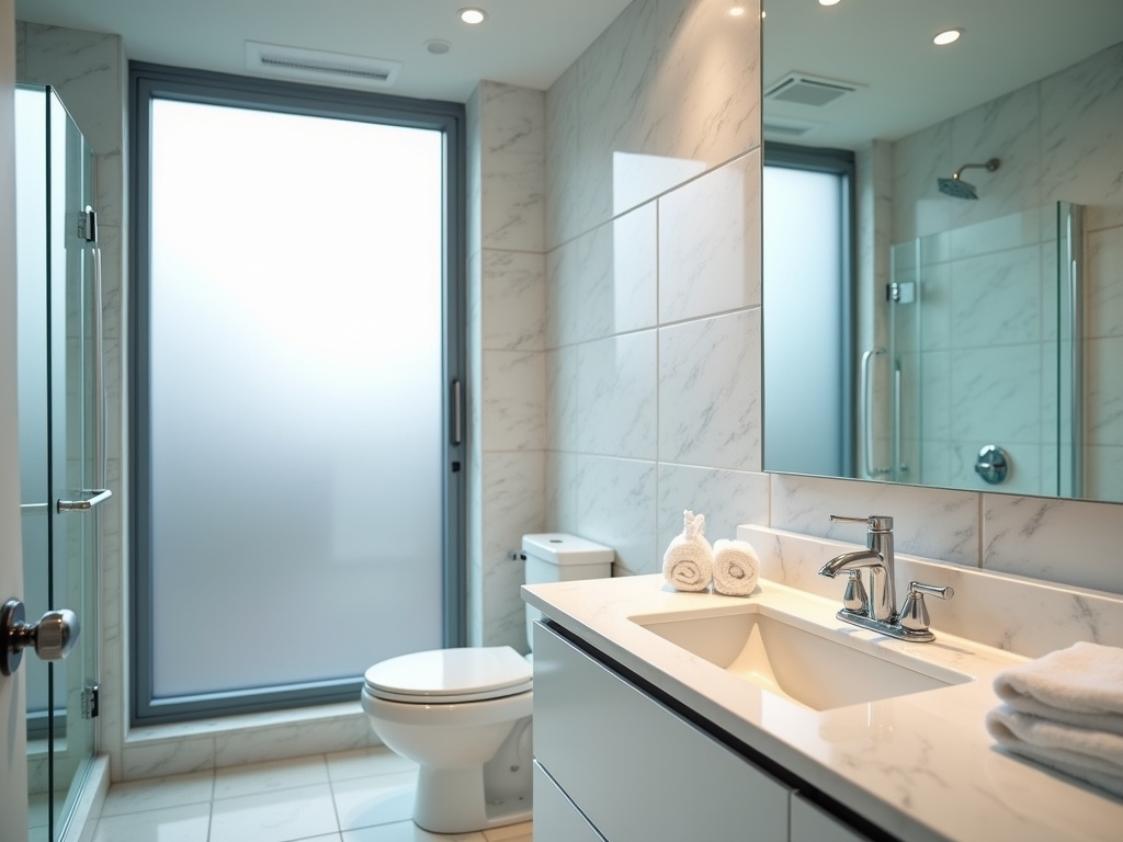 Professional real estate photo of an immaculate apartment bathroom with clean porcelain fixtures, spotless mirror, pristine shower, fresh towels, marble countertop, and bright LED lighting.