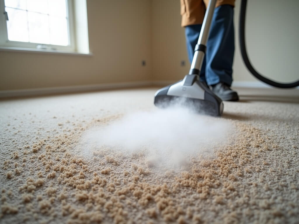 Professional steam-cleaning of a used beige carpet in a Puyallup rental apartment, showing visibly lifted dirt and transition to clean, fluffed fibers. No human visible, bright lighting.