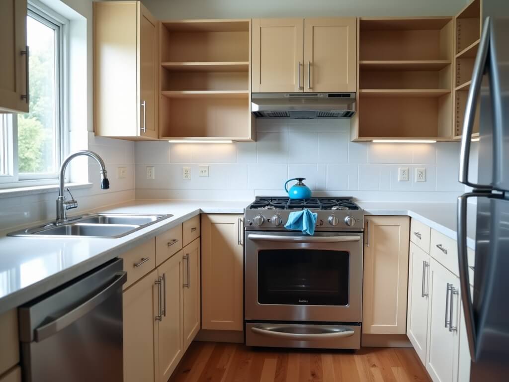 Immaculate apartment kitchen in Puyallup, Washington, undergoing professional move-out cleaning with focus on spotless countertops, open cabinets, and a cleanly scrubbed oven.
