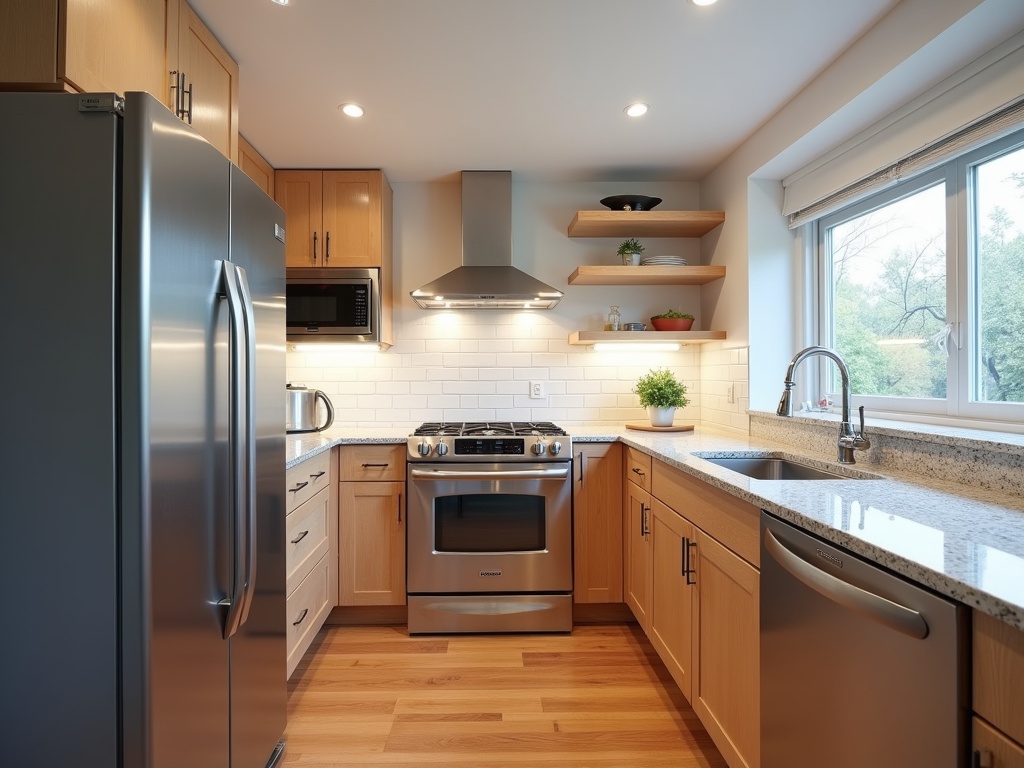 Immaculately clean and spotless kitchen interior with stainless steel appliances, granite countertops, white subway tile backsplash, and polished hardwood floors lit by natural window light and LED fixtures.