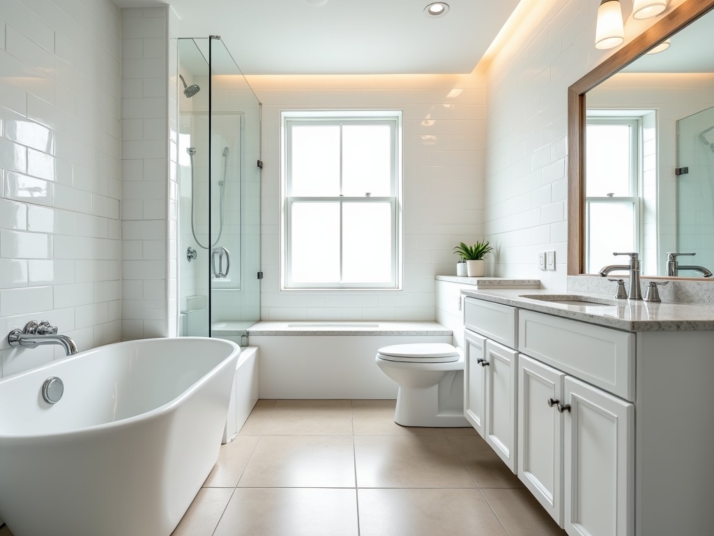 Immaculate bathroom interior with pristine white fixtures, marble countertop, and spotless beige floor tiles, illuminated by bright vanity lights and natural window light.