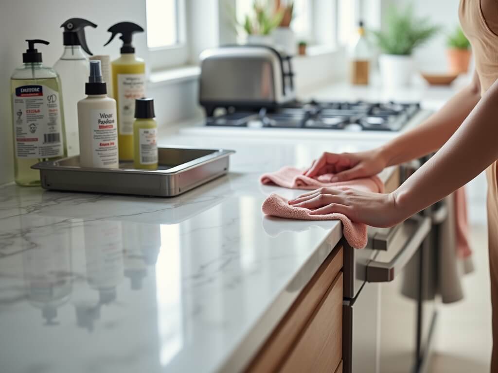 Polished Airbnb kitchen during detailed cleaning, focusing on a microfiber cloth wiping a cabinet handle with cleaning supplies and a cleaned toaster oven tray in the background.