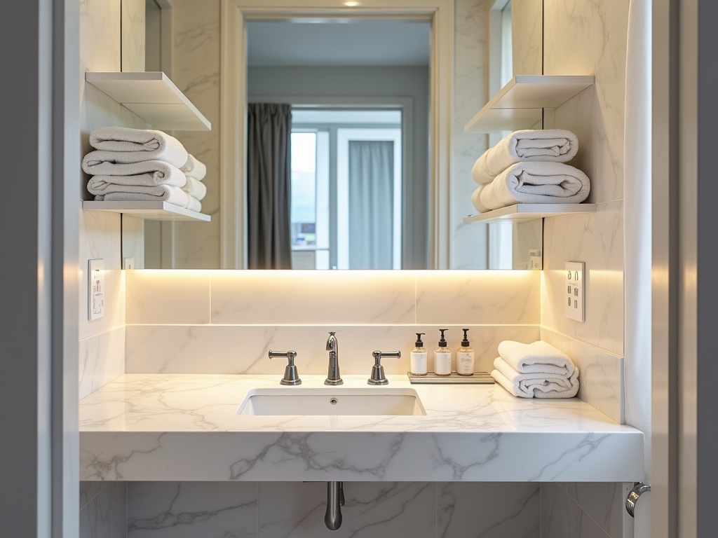 Immaculate Airbnb bathroom with neatly folded towels, gleaming chrome fixtures, flawless marble countertop, and pristine linens, photographed using Sony A7R IV camera.