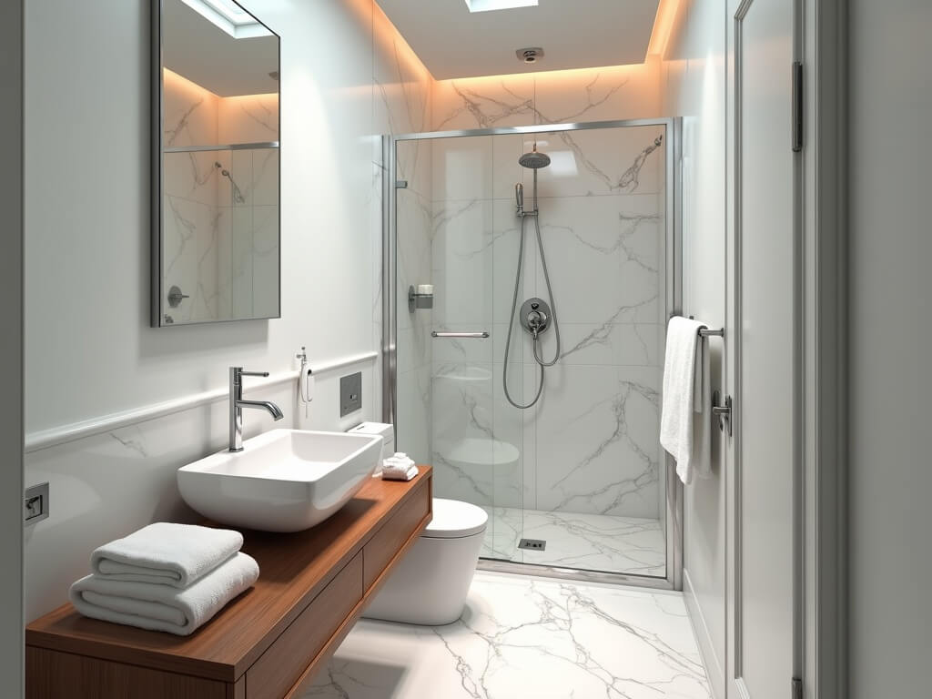 Immaculate Airbnb bathroom with white fixtures, polished marble floor and glass shower enclosure, bathed in natural skylight and soft warm LED ceiling lighting, post professional cleaning.