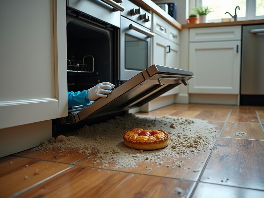 Professional deep cleaner working behind a pulled-out kitchen stove amidst crumbs, dust, and a fossilized apple pie, highlighted with natural and softbox lighting. Focus on cleaning tools, gloved hand, and mess.