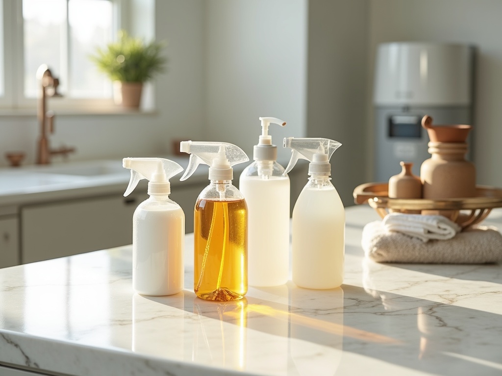 Eco-friendly cleaning supplies arranged on a white marble countertop, including biodegradable spray bottles and vinegar-based solutions, with a steam cleaner in the background.