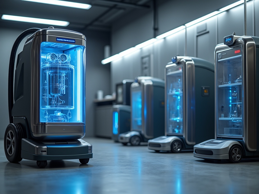 Advanced cleaning equipment including a HEPA vacuum cleaner, UV sanitizer device, professional-grade fogger, and robotic vacuum in a modern utility room under balanced LED lights.