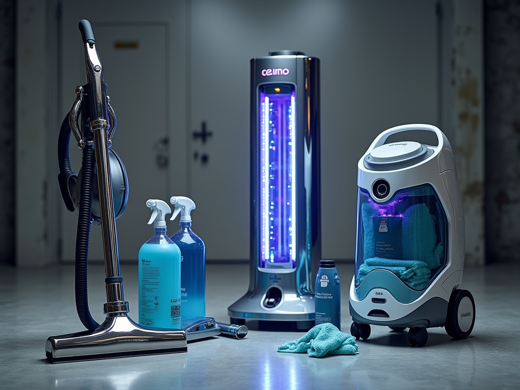 Array of advanced industrial cleaning equipment including a chrome electrostatic sprayer, UV-C sanitization device, professional vacuum, air purifier and eco-friendly products on a polished concrete floor.