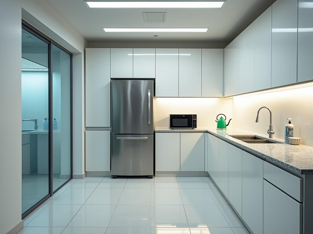 Spotless kitchen area in a modern office suite in Nairobi showcasing upgraded hygiene protocols with sparkling clean countertops, sanitized appliances, and a UV-C air sanitizer unit.