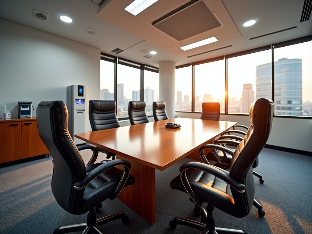 Modern Kenyan corporate office conference room with mahogany table, black leather chairs, window view of Nairobi skyline, and professional atmosphere in golden hour lighting.