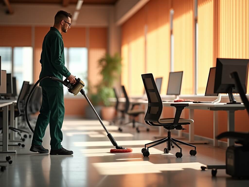 Photorealistic view of a Nairobi office during dry season, showing polished floors, desks, blinds with faint red dust, and a cleaner servicing a windowsill. Evokes a warm, dry, urban atmosphere.