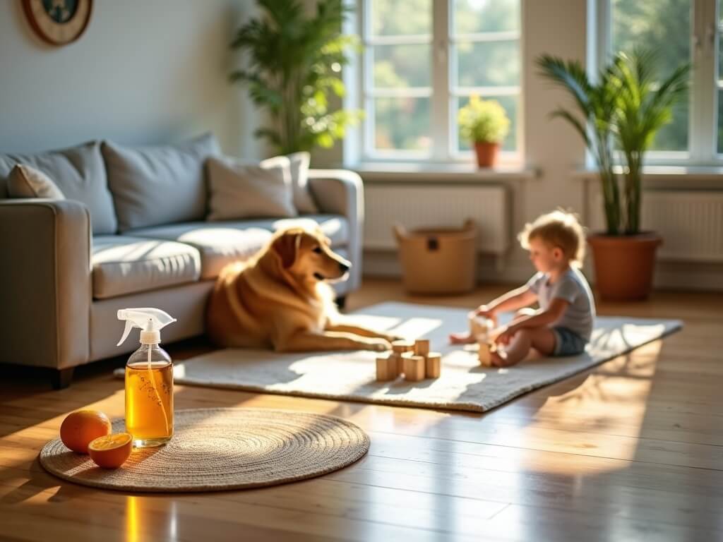 Sunlit Oregon family home living room during eco-friendly cleaning, with a lounging golden retriever, playful toddler, wooden furniture, and sustainable cleaning products in a minimalistic setting.