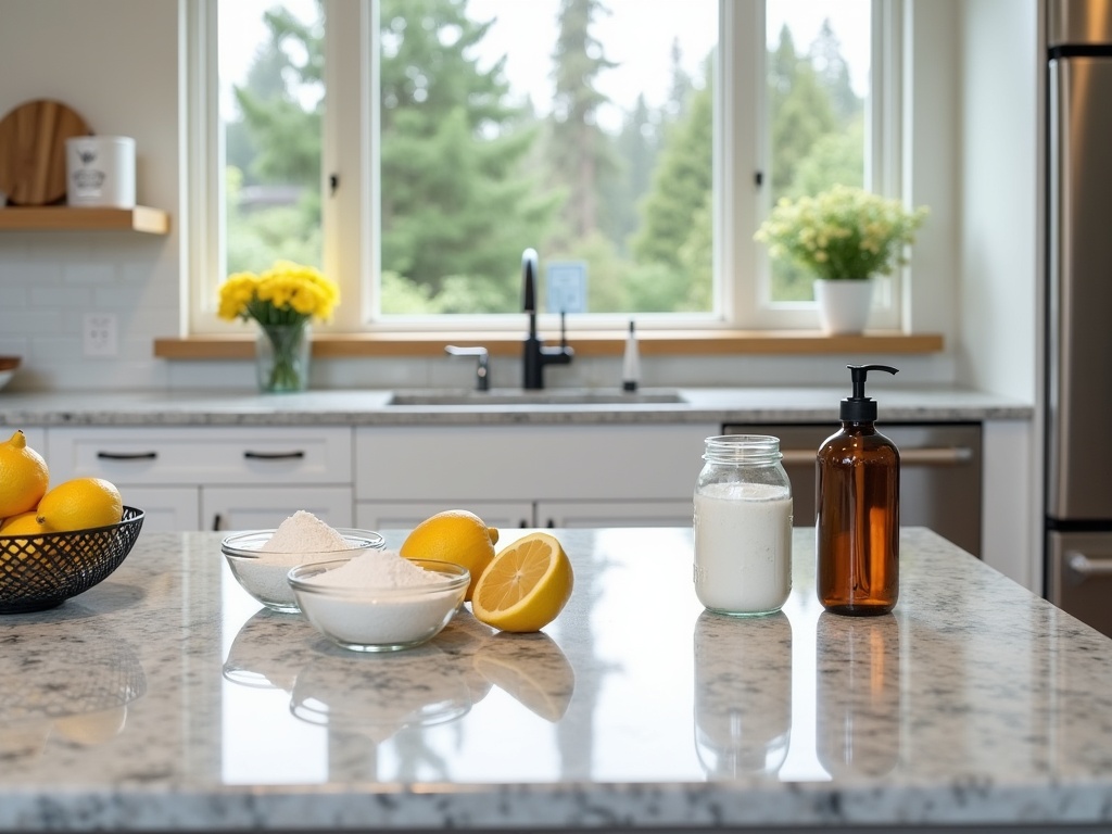 Contemporary Oregon kitchen with DIY cleaning ingredients on granite countertop, large windows overlooking evergreen trees, white cabinets, and stainless steel appliances.
