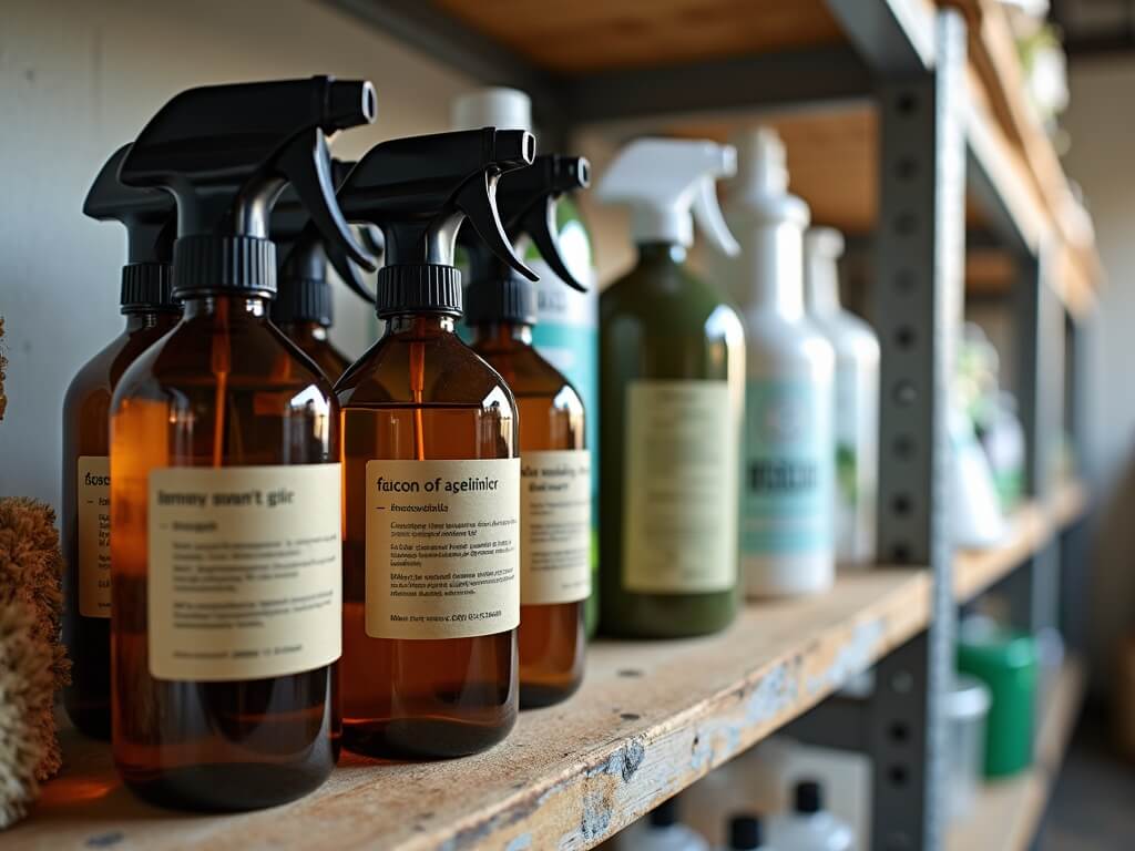 Close-up view of refillable amber glass spray bottles and eco-friendly cleaning supplies on a reclaimed wood shelf in a Portland-based eco-cleaning service warehouse.
