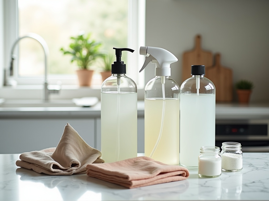 Professional product photography of eco-friendly cleaning supplies on a marble kitchen counter, featuring glass spray bottles, cleaning pods in recyclable packaging, microfiber cloths, baking soda and vinegar, with a bokeh effect background.