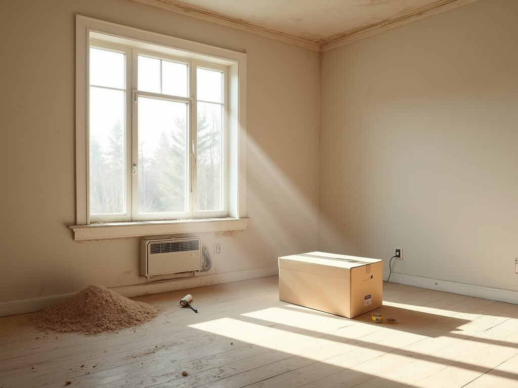 Empty new living room covered in post-construction dust with sunlight highlighting airborne dust particles, unassembled furniture, and evidence of construction like caulk streaks, boot scuffs, and a discarded brush.