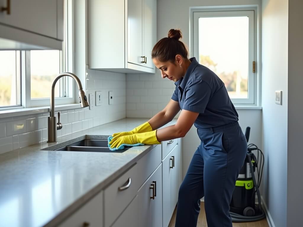 Cleaning technician deep cleaning a new, modern kitchen with quartz countertops and white cabinetry, illuminated by natural midday light, featuring a professional vacuum and construction dust.