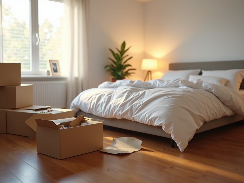 Newly moved-in bedroom with unmade bed, open cardboard boxes, glowing bedside lamp, framed family photo, and dust particles in afternoon sunlight
