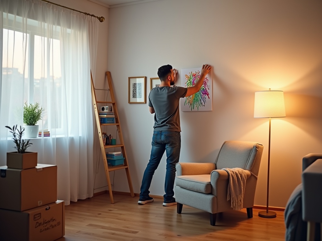 Single father hanging child's crayon artwork in a clean, cozy living room corner with hardwood floors, unpainted boxes, a stepladder, throw blanket over a chair, and small plant on a windowsill.