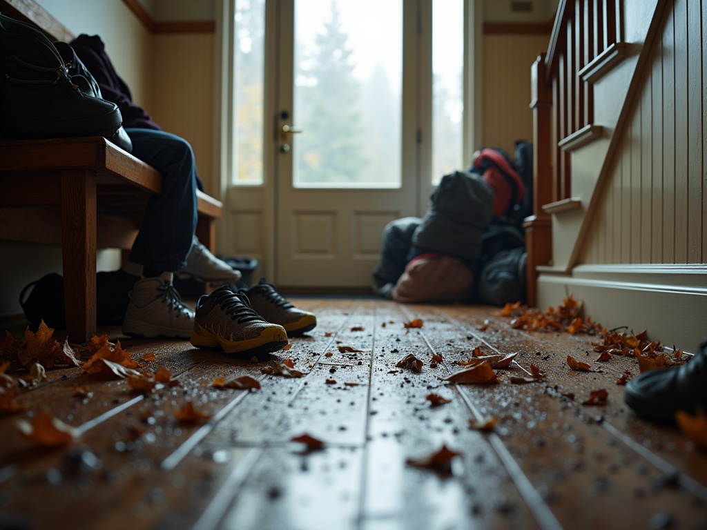 Busy family home entryway in Graham, Washington during the wet season, featuring scattered muddy soccer cleats, tracked leaves, dog paw prints, and rainwater puddles, with soft daylight streaming through windows.