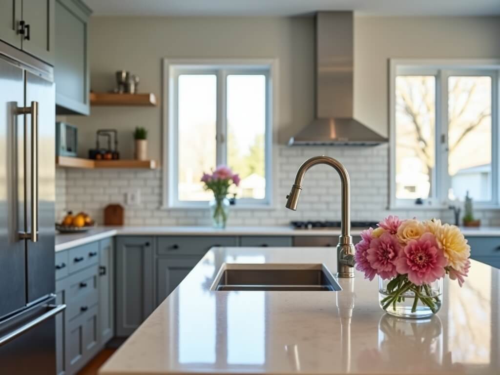 Immaculate modern kitchen in a suburban Graham, WA home after professional cleaning, featuring streak-free surfaces, a quartz island, and stainless-steel appliances under natural daylight.
