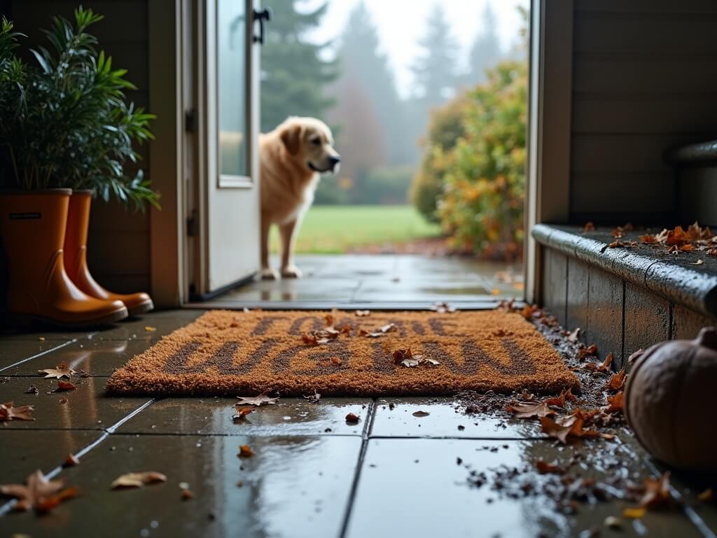 Front entryway of a Pacific Northwest home in Graham, WA during early fall, showcasing a pine needle-covered welcome mat, muddy boots, and a golden retriever through the door, with a misty yard in the background.