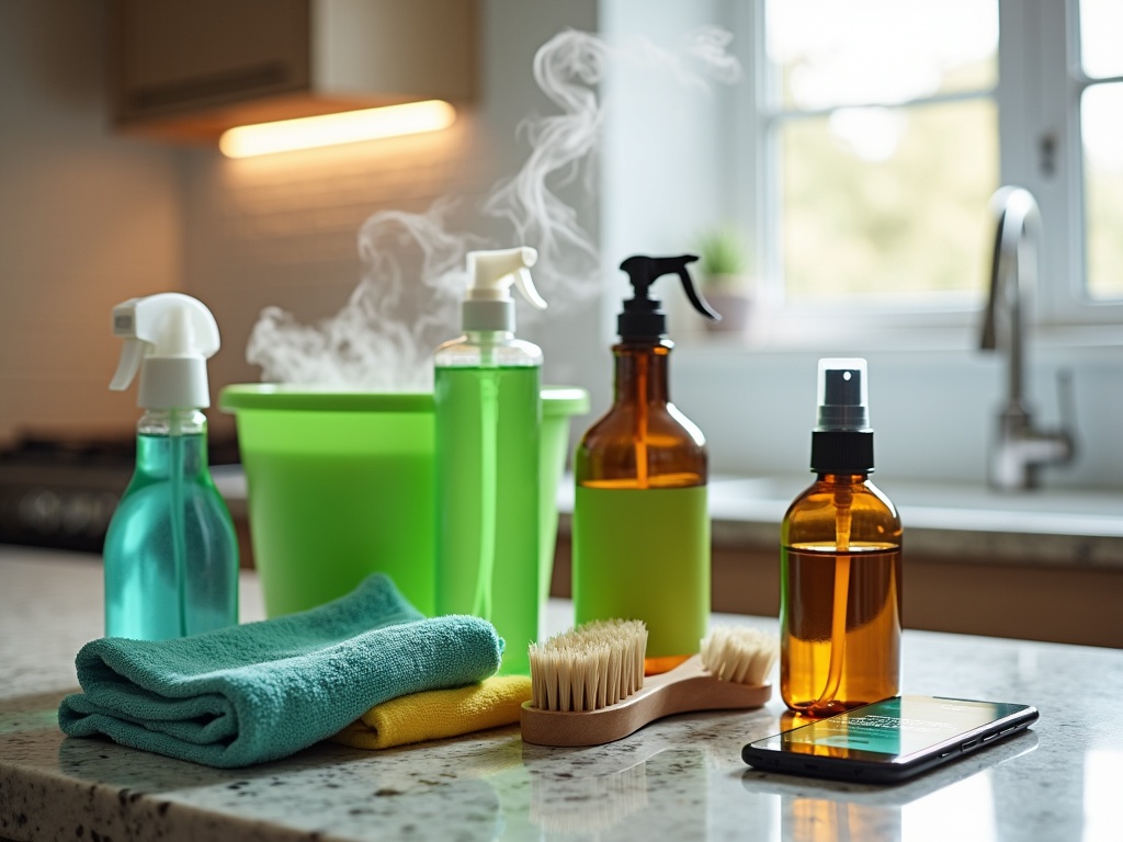 Professional eco-friendly cleaning supplies arranged on a kitchen counter, including non-toxic spray bottles, microfiber cloths, natural brushes, and child-safe solutions, with a smartphone displaying a cleaning service app.