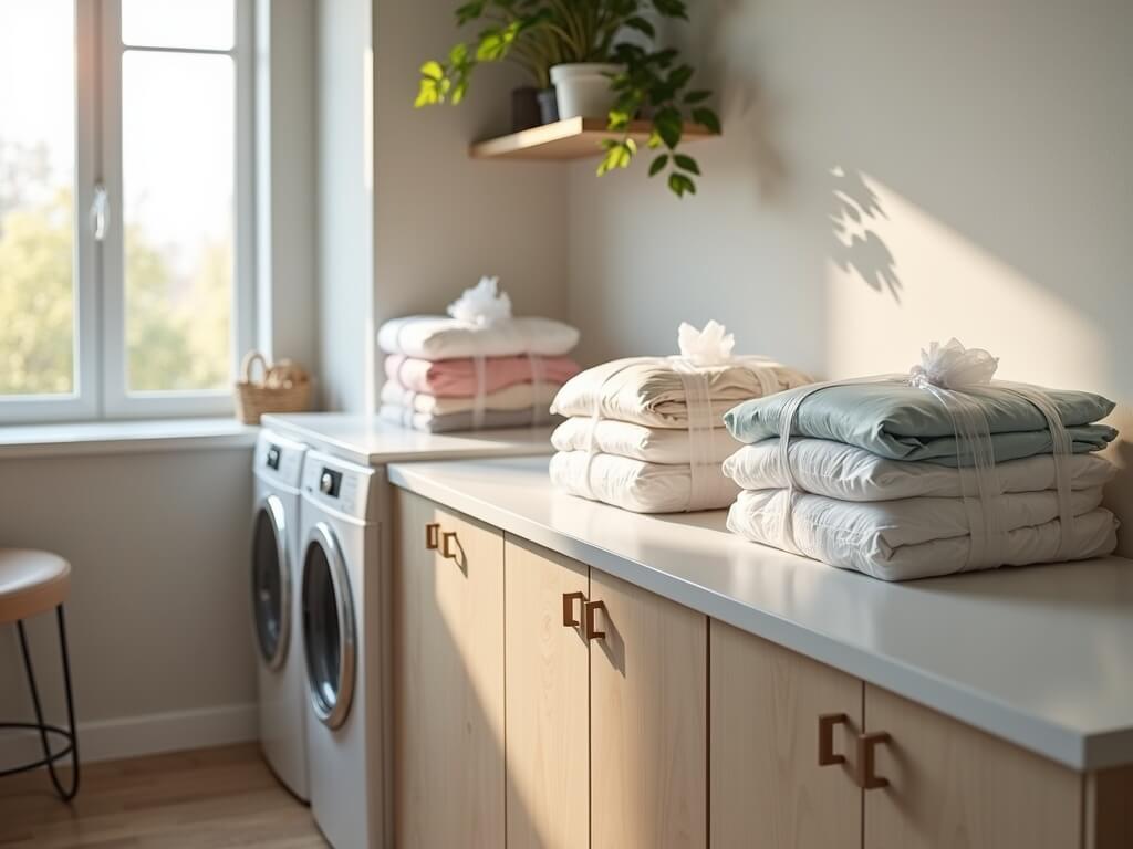 Neatly packed laundry in reusable garment bags on a quartz countertop in a sunny, modern family laundry room, representing a serene post professional laundry service delivery scene.