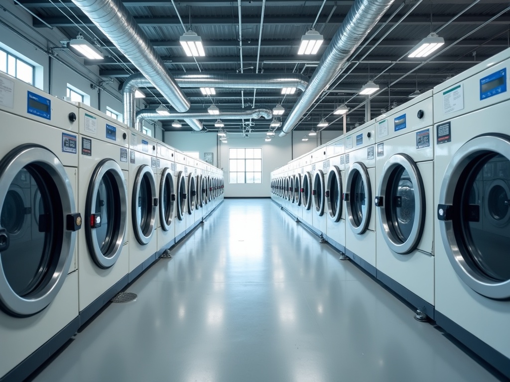 Interior view of an eco-friendly professional laundry facility with rows of commercial washing machines and dryers, visible ozone disinfection systems, conveyor belt systems, and digital monitoring screens.