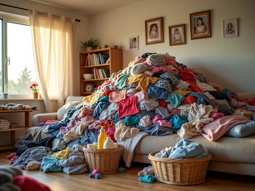 Busy family living room filled with towering pile of mixed laundry on sectional sofa, overflowing wicker baskets, and detergent bottles on the table, under warm window light.