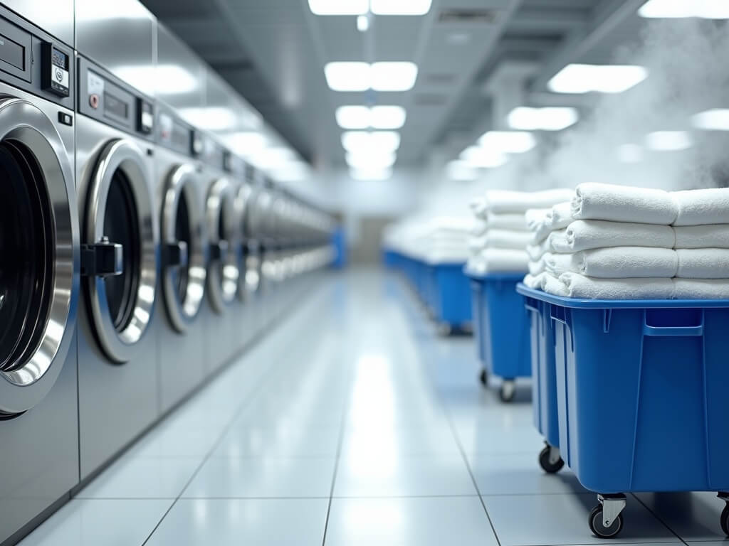 Professional laundry facility with front-loading washers, dryers and neatly folded linens in bins on rolling carts; highlighting cleanliness and high-temperature sanitation.