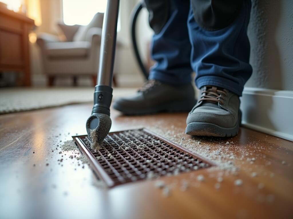 Technician removing dust from HVAC floor register using a HEPA vacuum in a Federal Way home, with surrounding details intentionally blurred for a warm aesthetic.