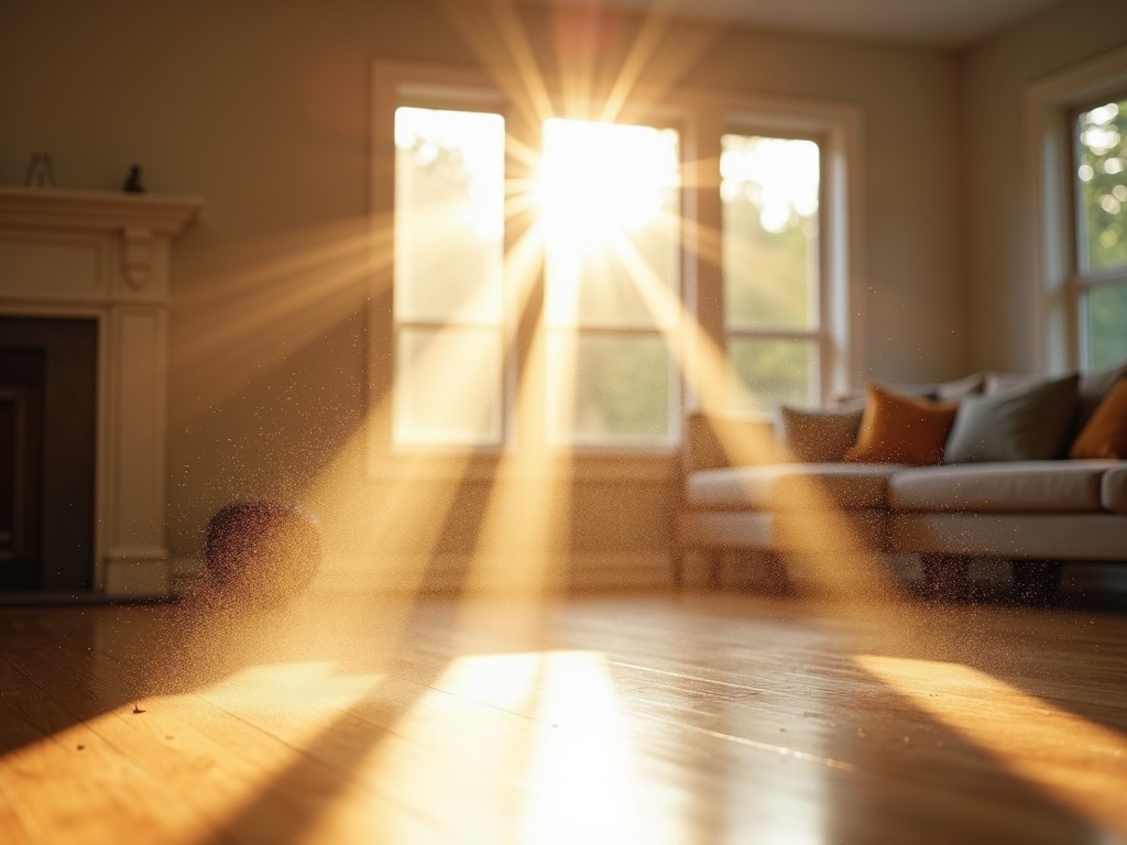 Dust particles illuminated by afternoon sunlight through living room windows with hardwood floor and white walls in the background, captured on Canon EOS 5D Mark IV.