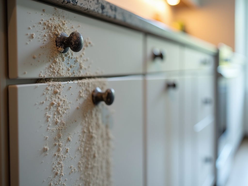 Close-up view of construction residue and dust on various surfaces in a newly remodeled kitchen, highlighting the cleaning challenges after renovation.
