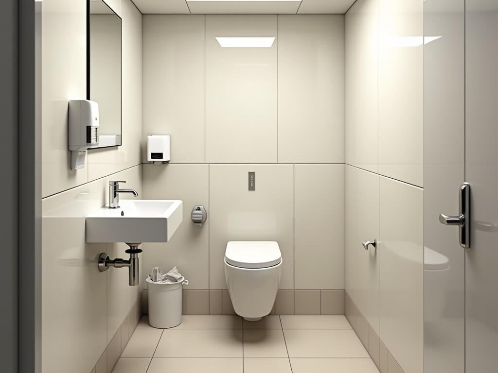 Spotless small office restroom post-cleaning, featuring a clean sink, toilet, empty trash bin, touchless dispensers for soap and paper towels, and a tidy tiled floor.