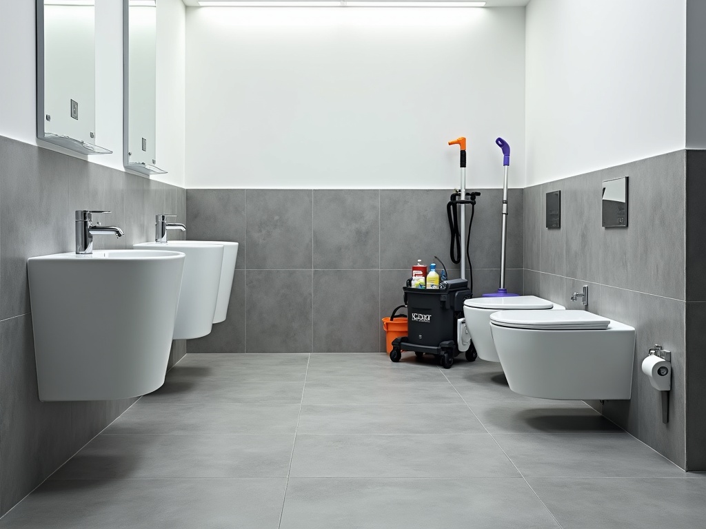 Immaculately clean, contemporary office restroom with white fixtures, gray ceramic flooring, marble-effect wall tiles and neatly organized cleaning supplies, captured in cool white lighting.