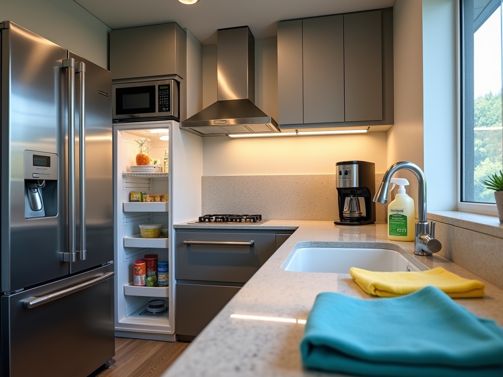 Modern, clean office breakroom kitchen with stainless steel appliances, organized fridge interior, pristine granite countertops, and neatly arranged cleaning supplies, shot in natural and LED light.
