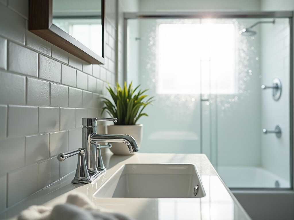 Modern Pacific Northwest-style bathroom in Puyallup, WA, highlighting light-gray grout lines, chrome faucet and fixtures, clean glass shower door, with indirect daylight from frosted window.