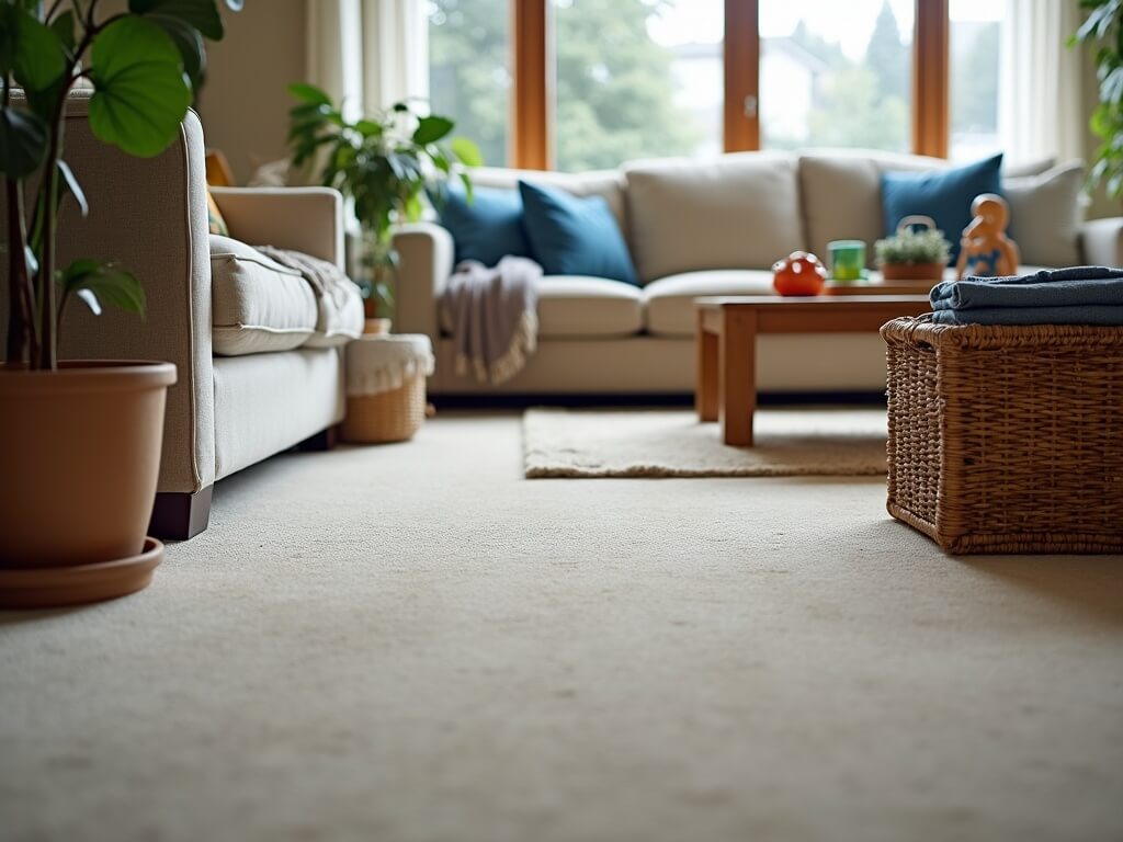 Neat and spacious living room in a Puyallup family home, featuring freshly vacuumed beige carpet, warm taupe walls, blue accented décor, and organized children's toys in a basket.